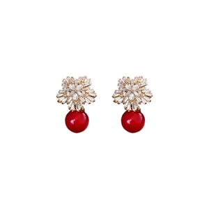 Luxury gold floral stud earrings with sparkling crystals and red pearl pendants