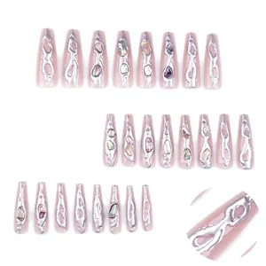 3D chrome y2k press-on nails with silver liquid metal texture and iridescent shell flakes