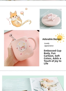 Detailed view of pink ceramic cat mug set with embossed lid and cat paw mixing spoon