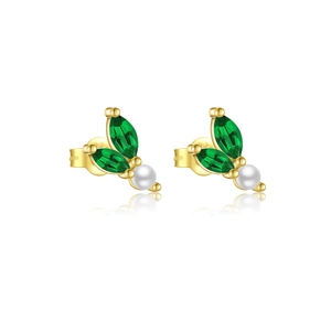 Elegant S925 sterling silver leaf stud earrings with green stones and white pearls