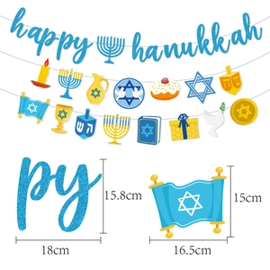 Kit de bannière Happy Hanukkah pailletée bleue avec décorations de toupie et menorah
