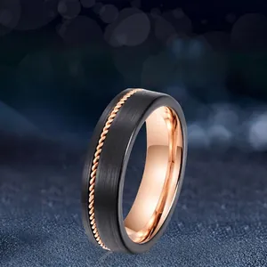 Tungsten Steel Ring Black Brushed Finish Rose Gold Polished Inner Braided Rope Inlay Comfort Fit Minimalist Jewelry Men