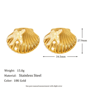 Detailed view of 18K gold plated starfish shell earrings with dimensions and material specs