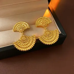 Vintage Fan Shaped Stud Earrings With Silver Earring Post Textured Gold Plated Copper Retro Jewelry For Women