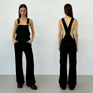Front and back view of women's black denim overalls with wide legs and pocket details
