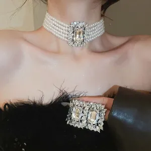 Multi Layer Imitation Artificial Pearl Choker Necklace Square Earrings Jewelry With Silver Earring Post Women Luxury Retro Style