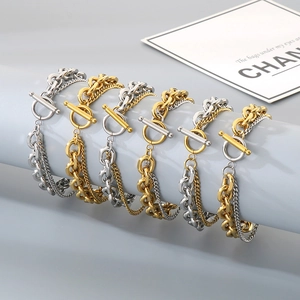 Double-layered titanium steel O-chain bracelet with OT buckle in gold and silver finish