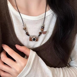 18k gold plated vintage camera pendant necklace with tiger eye beads and black cord