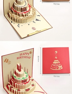 3D pop-up birthday card detail showing multi-layered cake design and product dimensions