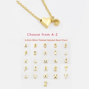 Detailed size chart showing 3x8mm gold alphabet beads and mirror polished heart pendant
