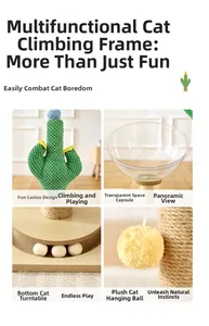Detail of cactus cat tree showing sisal post, space capsule bed and track ball toy
