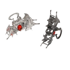 Halloween silver bat hair claw clips with red gemstones in a gothic dark style set