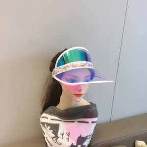 Rainbow transparent PVC sun visor hat with sequins and iridescent anti-UV shield for women
