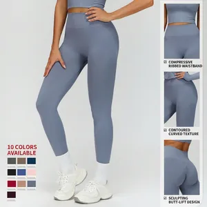 High-waist seamless yoga leggings and top set in grey-blue with ribbed tummy control