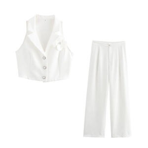 White Sleeveless Polyester Vest And Wide Leg Pants Suit With 3D Flower Decor Artificial Pearl Buttons Elegant Women Commuter