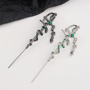 Gothic punk snake sword earrings with green crystals and chain in black and silver