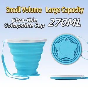 Blue 270ml silicone collapsible travel cup with star-shaped base and lanyard