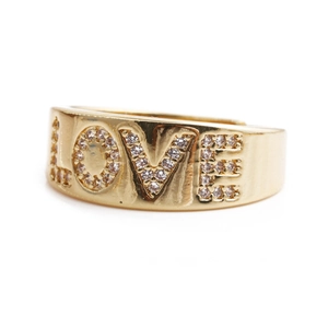 Golden open heart ring with LOVE zircon micro-inlay for women from a side angle