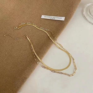 Double-layered 18k gold titanium steel necklace with flat snake and paperclip chain links