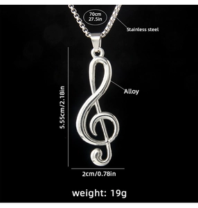 Detailed dimension guide for silver musical note necklace showing 70cm chain and G-clef pendant
