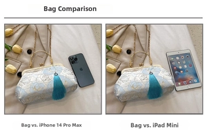 Size comparison of embroidered floral bag with iPhone 14 Pro Max and iPad mini