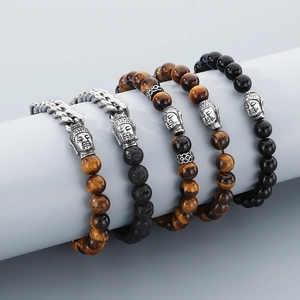 Tiger eye and lava stone beaded bracelets for men featuring Buddha head and metal chain
