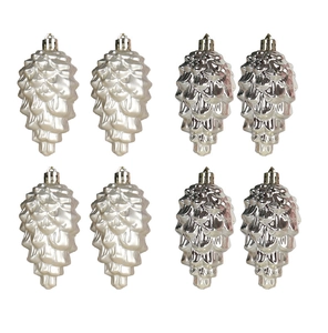 Set of 8 pinecone Christmas tree ornaments in pearlescent white and metallic silver finishes