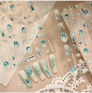 Macro detail of embossed nail sticker TS-4080 featuring cyan floral patterns