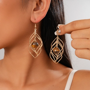 Geometric Hollow Twisted Rhombus Gold Earrings With Tiger Eye Stone Beads Vintage Dangle Ear Hook Jewelry For Women