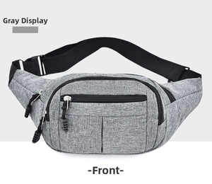 Front view of grey water-resistant fanny pack showing durable texture and zippers