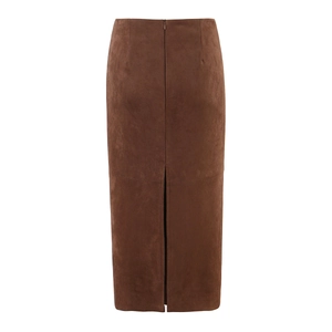 Slim fit high waist dark brown faux suede midi skirt with back slit and zipper
