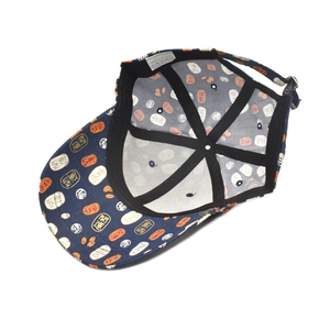 Navy blue cotton baseball cap with Japanese lucky charms print and adjustable metal buckle