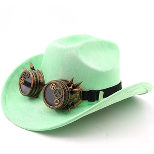 Macro detail of mint green suede cowboy hat with steampunk spiked goggles and gears