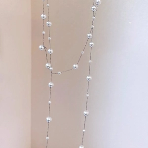 Elegant tiered faux pearl and silver bead long necklace with multi-size pearls