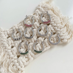 Luxury C-shaped open hoop earrings with colorful inlaid crystals in polished stainless steel