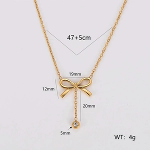 Elegant gold bow necklace with tassel and cubic zirconia stone on stainless steel chain
