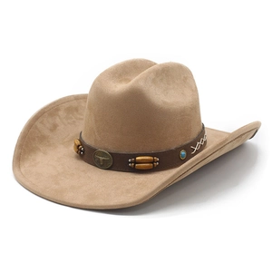 Khaki suede cowboy hat with bull head badge and turquoise beaded leather band