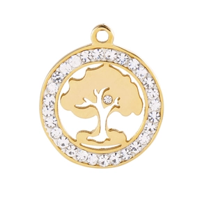 Detailed view of a golden Tree of Life pendant with sparkling rhinestones set in a round frame