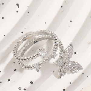 Elegant silver butterfly zircon ring with 14K gold plating in double-layer spiral design