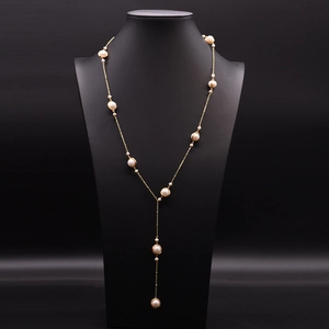 Freshwater Pearl Long Necklace Y Shaped Gold Plated Handmade Wire Wrapped Vintage Elegant Sweater Chain For Women