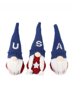 Three USA themed Fourth of July gnomes with knitted hats and patriotic star patterns