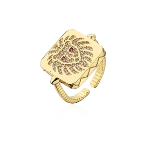 Gold plated lion head open ring with sparkling white zircons and red gemstone eyes