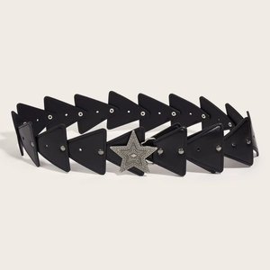 Vintage street style black PU leather belt with triangle patches and star buckle
