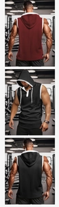 Detail of breathable mesh fabric on men's hooded workout vests in burgundy and black