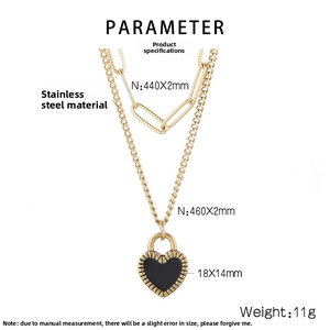 Detailed view of double-layer stainless steel necklace with black heart pendant dimensions