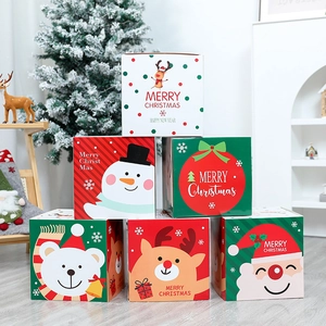 Cute cartoon Christmas gift boxes featuring Santa, snowman and reindeer patterns