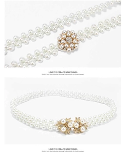 Detail of elegant pearl waist chains with sparkling floral metal buckles for dresses