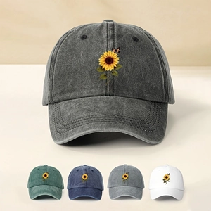 Sunflower Butterfly Washed Cotton Baseball Cap Vintage Distressed Adjustable Sun Hat Curved Brim For Women Men Outdoor