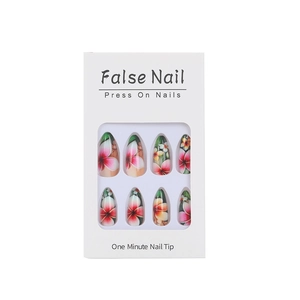 Floral almond press on nails with red heart flower design in a clear window box