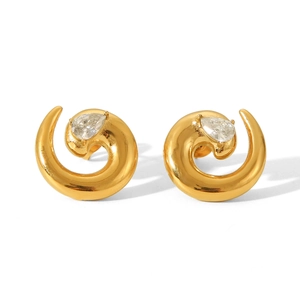 Detail view of 18K gold plated spiral earrings with sparkling teardrop zircon inlay